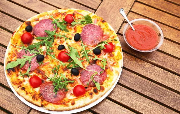 Картинка зелень, пицца, помидоры, соус, томаты, колбаса, pizza, cheese