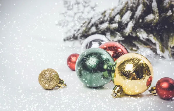 Картинка снег, украшения, шары, Новый Год, Рождество, Christmas, balls, snow