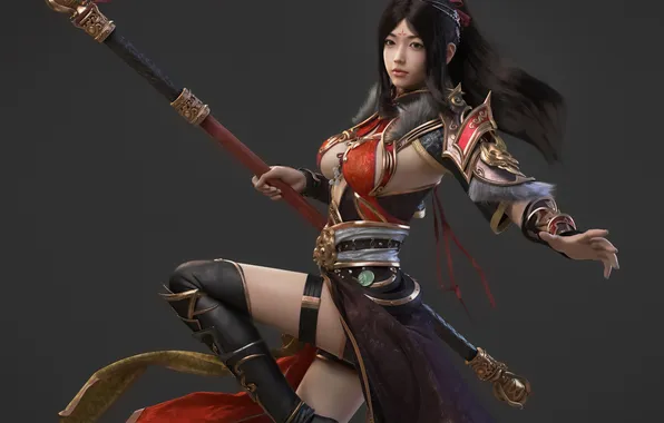 Картинка dress, ponytail, women, warrior, CGI, staff, simple background, red clothing