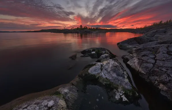 Картинка Закат, Озеро, Камень, Водное Зеркало