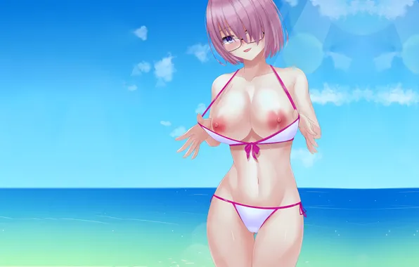 Girl, sexy, beach, pink hair, erect nipples, sky, sea, nipples