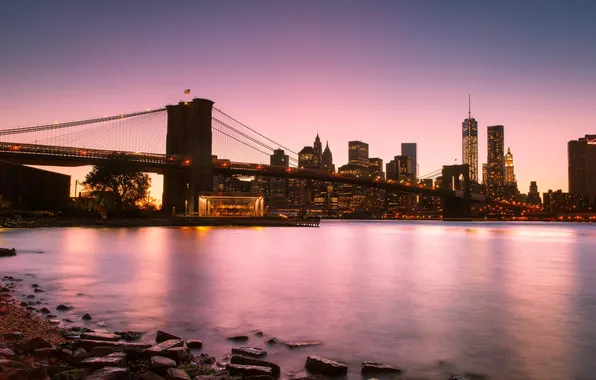 Мост, город, вечер, new york, manhattan, Brooklyn Bridge, east river