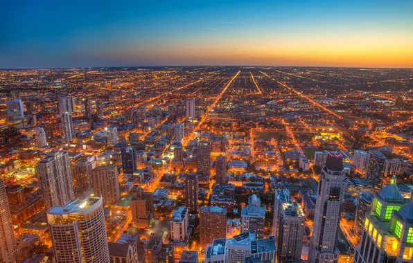 Картинка ночь, город, огни, вечер, горизонт, чикаго, Chicago