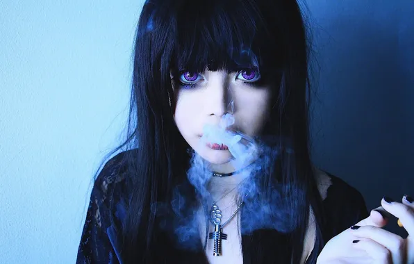 Картинка девушка, дым, крест, фиолетовые глаза, wylona hayashi