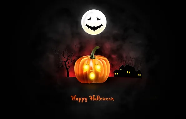 Ночь, туман, дом, луна, тыква, хэллоуин, halloween