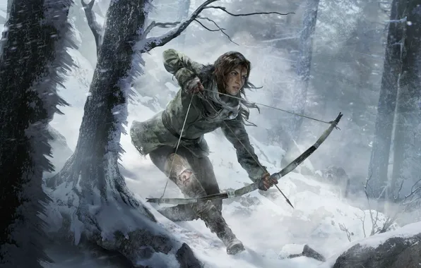 Зима, Девушка, Деревья, Снег, Лук, Лара Крофт, Арт, Lara Croft