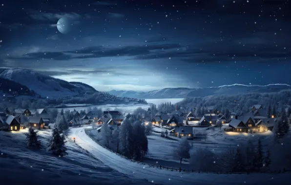 Картинка зима, снег, ночь, lights, Новый Год, деревня, Рождество, домики