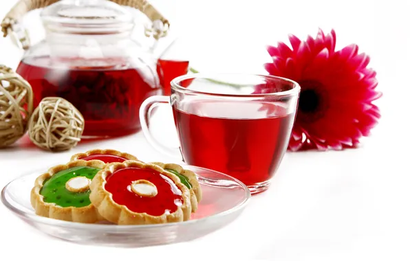 Цветок, чай, печенье, блюдце, заварник