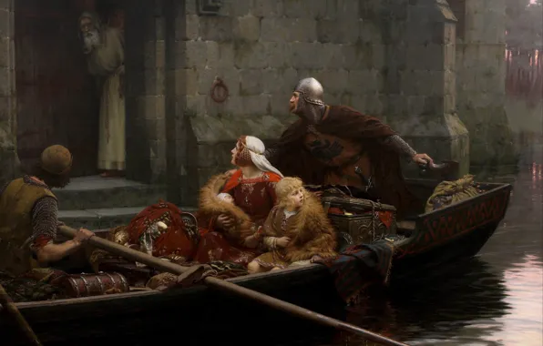 Картинка река, замок, женщина, лодка, картина, мальчик, старик, рыцарь