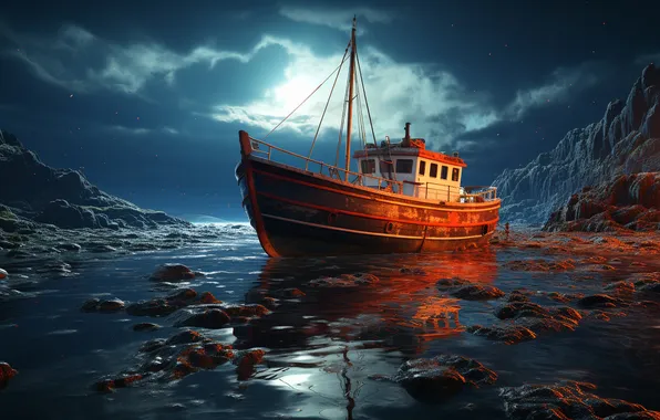 Небо, вода, звезды, облака, свет, горы, ночь, камни