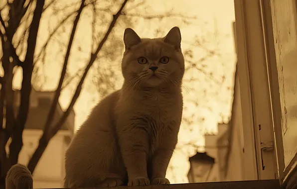 Кошка, свет, ветки, поза, котенок, серый, вечер, окно
