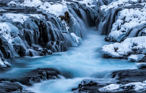 Картинка снег, водопад, лёд, Исландия