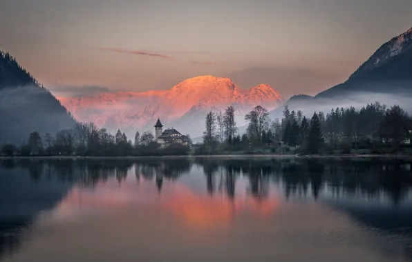 Деревья, горы, озеро, рассвет, утро, Австрия, Альпы, Austria