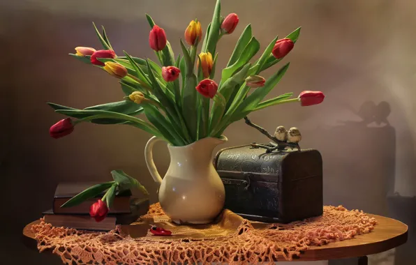 Цветы, птицы, стол, книги, тюльпаны, ваза, сундук, натюрморт
