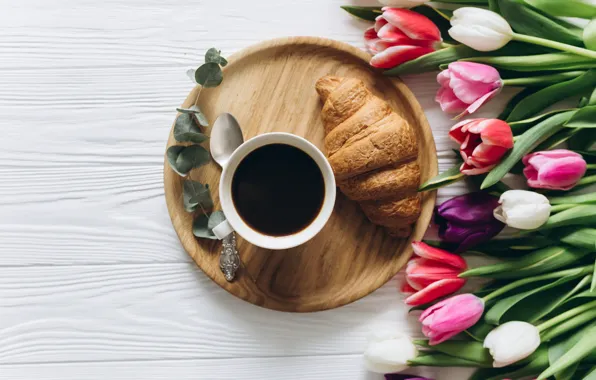 Картинка цветы, кофе, завтрак, чашка, тюльпаны, розовые, white, heart