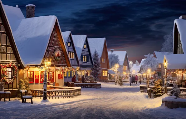 Картинка зима, снег, украшения, ночь, город, lights, улица, елка