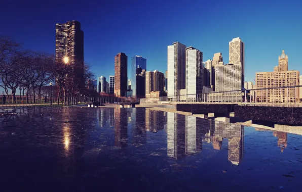 Картинка город, отражение, река, небоскребы, Чикаго, Иллиноис