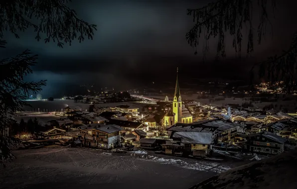 Зима, ночь, огни, Австрия, церковь, Эльмау