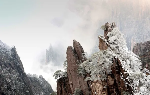 Картинка зима, горы, туман, скалы, Китай, Аньхой, Хуаншань утро