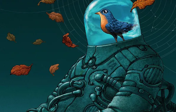Картинка листья, птица, робот