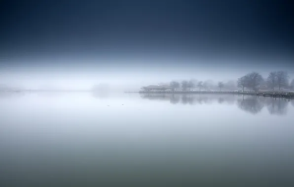 Картинка туман, озеро, берег, утро