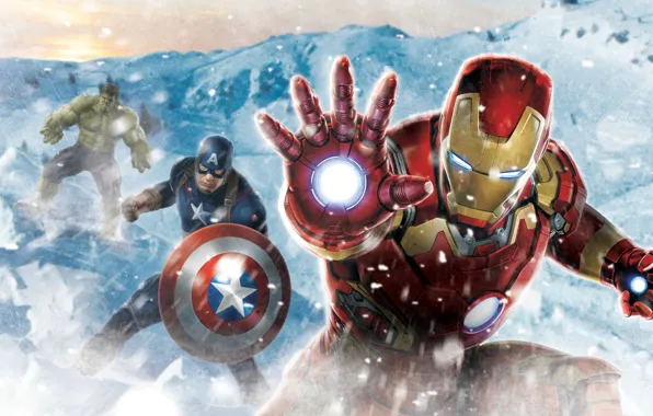 Холод, снег, Халк, железный человек, капитан америка, мстители, avengers