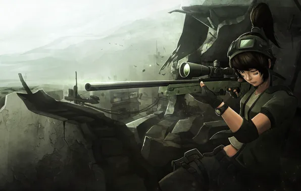 Картинка девушка, солдат, руины, снайпер, art
