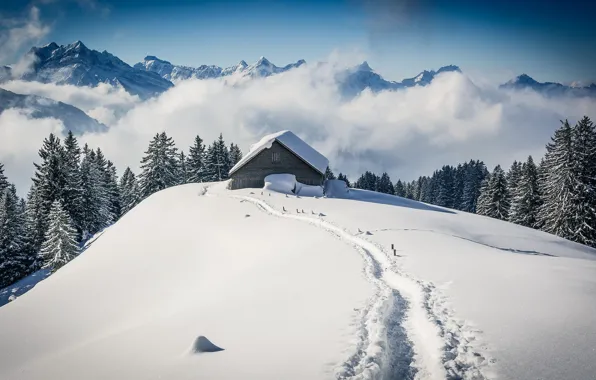 Снег, горы, дом