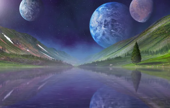 Лес, небо, вода, космос, звезды, горы, ночь, туман