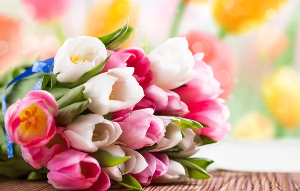Картинка цветы, букет, весна, тюльпаны, розовые, белые
