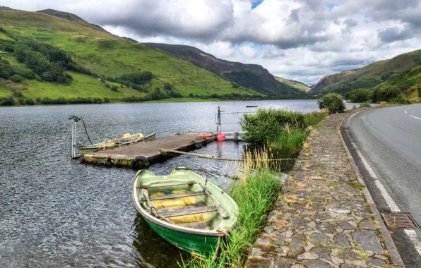 Картинка дорога, горы, озеро, лодка, причал, Великобритания, Wales, Snowdonia National Park