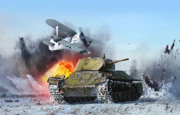 Картинка Зима, Игра, Самолет, Снег, СССР, Танк, Game, War Thunder