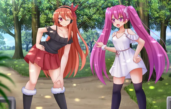 Grass, cleavage, blouse, thighhighs, pink hair, red hair, long hair, dress