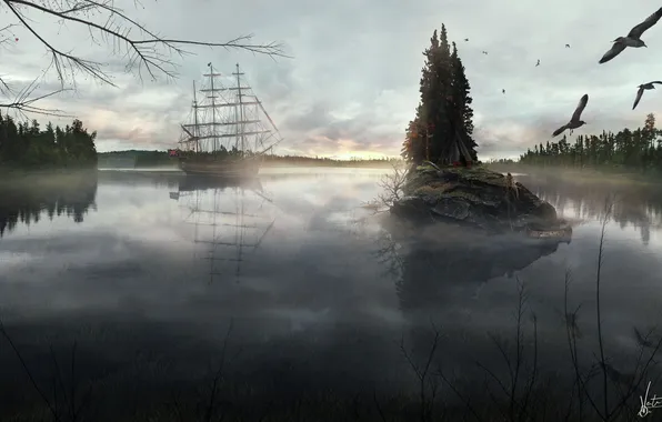 Картинка лес, озеро, корабль