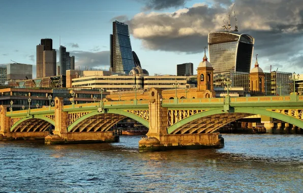 Картинка небо, мост, река, Англия, Лондон, дома