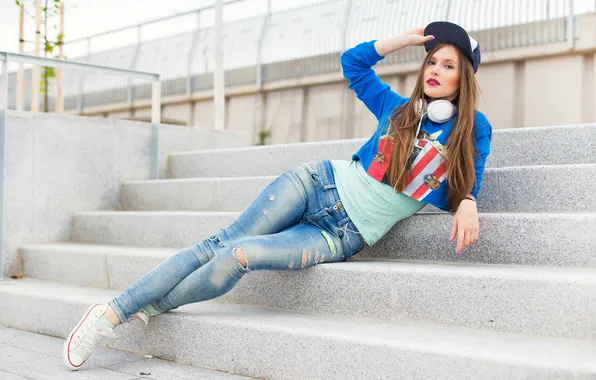 Girl, model, jeans, cap, cute, sneakers