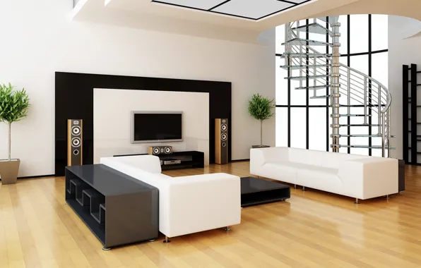 Белый, дизайн, стиль, комната, диван, телевизор, колонки, лестница