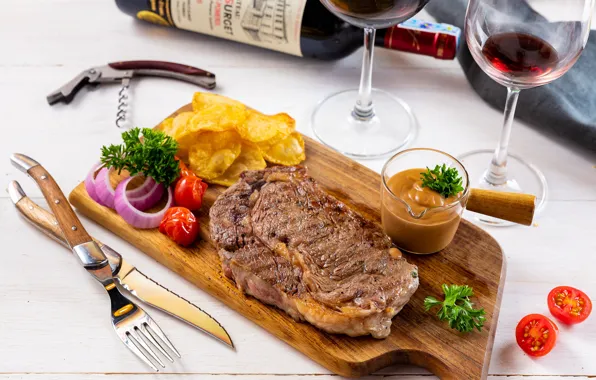Вино, лук, мясо, помидор, картофель, стейк