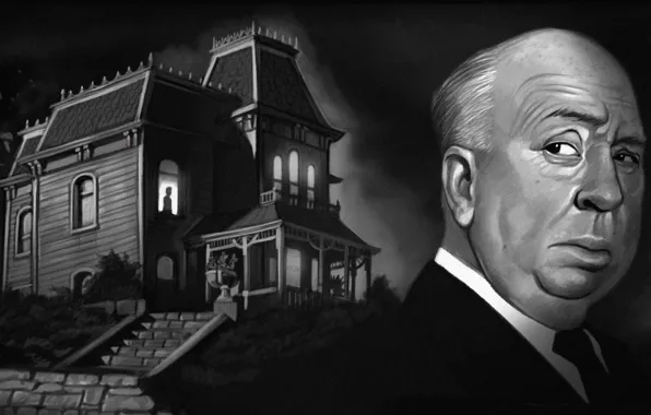 Ночь, дом, окно, арт, psycho, Alfred Hitchcock, Hitchcock