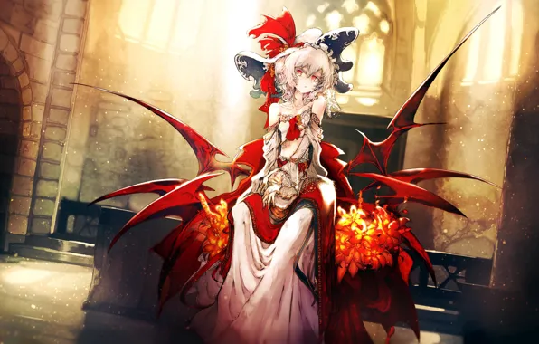 Девушка, крылья, сидит, демонесса, Touhou, Тохо, Тоухоу