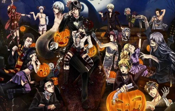 Картинка ночь, праздник, луна, череп, арт, тыквы, halloween, хеллоуин