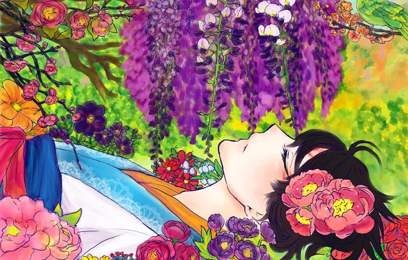 Девушка, цветы, птица, арт, лежит, Аниме, кимоно, Anime