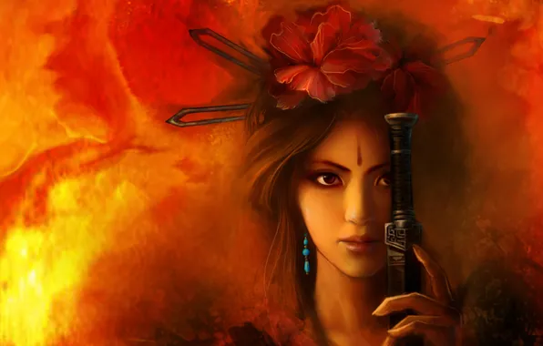 Картинка цветы, пламя, Девушка, меч