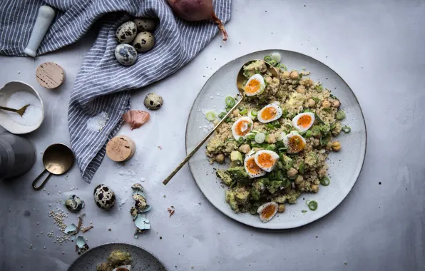 Salad, vegetarian, quinoa, food styling, chickpea, quail eggs