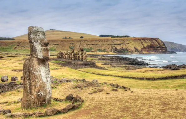 Картинка море, небо, скалы, остров Пасхи, статуя, Чили, Рапа-Нуи, моаи