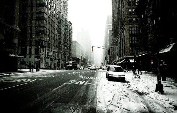 Картинка зима, машины, город, люди, Нью-Йорк, небоскребы, такси, америка