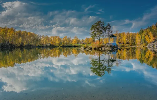 Картинка осень, деревья, озеро, отражение, Россия, беседка, островок, Алтайский край