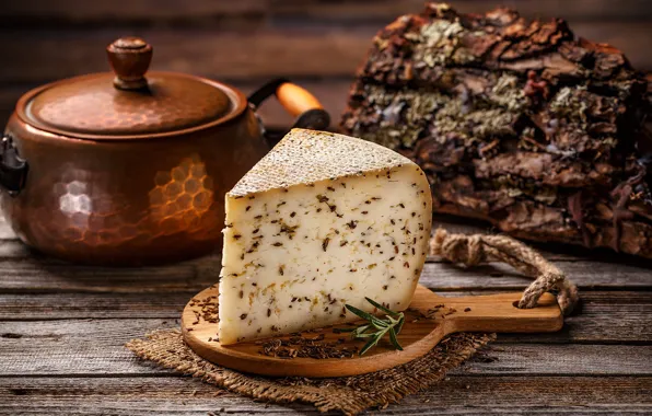 Доски, сыр, кастрюля, кора, кусок, специи, тмин, разделочная доска