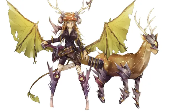 Картинка девушка, оружие, животное, крылья, аниме, олень, арт, рога