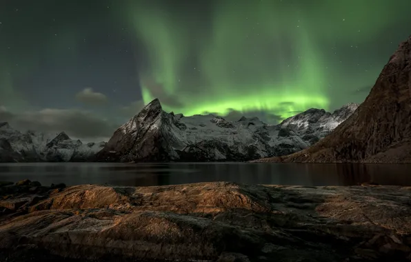 Горы, Норвегия, mountains, Norway, Aurora Borealis, Lofoten, Лофотенских островах